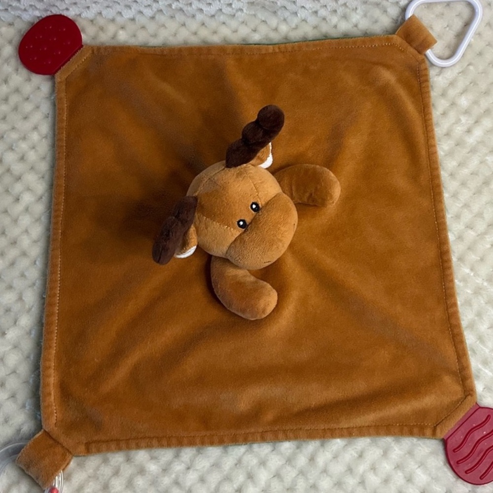 Modern Baby Brown Green Plush Reindeer Moose Lovey Baby Security Blanket Toy